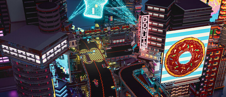 『マインクラフト』で制作したサイバーパンクをテーマにした街が公開。ネオン、ホログラム映像、過密で巨大な建造物で構成されるロマンあふれるワールド_001