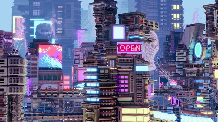 マインクラフト で制作したサイバーパンクをテーマにした街が公開 ネオン ホログラム映像 過密で巨大な建造物で構成されるロマンあふれるワールド