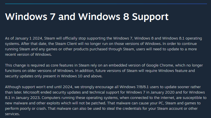 Steam、Windows 7/8/8.1のサポートを2024年1月1日に終了へ1